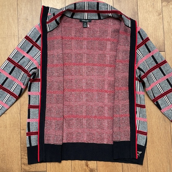 Alison Sheri plaid checkered cardigan jacket zip up L red white black collar - Picture 8 of 14